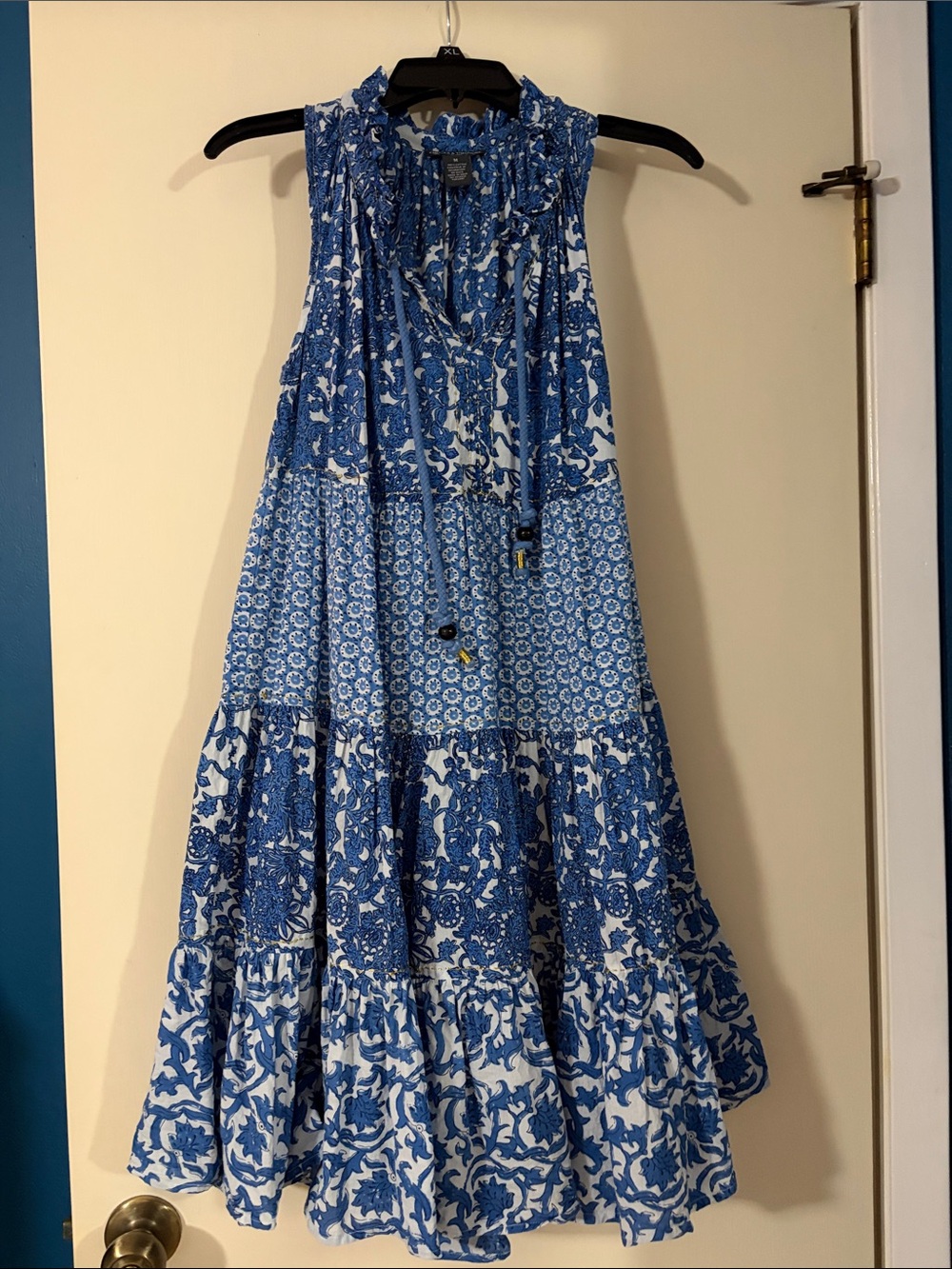 Chelsea & Theodore Blue and White Tiered Halter Dress